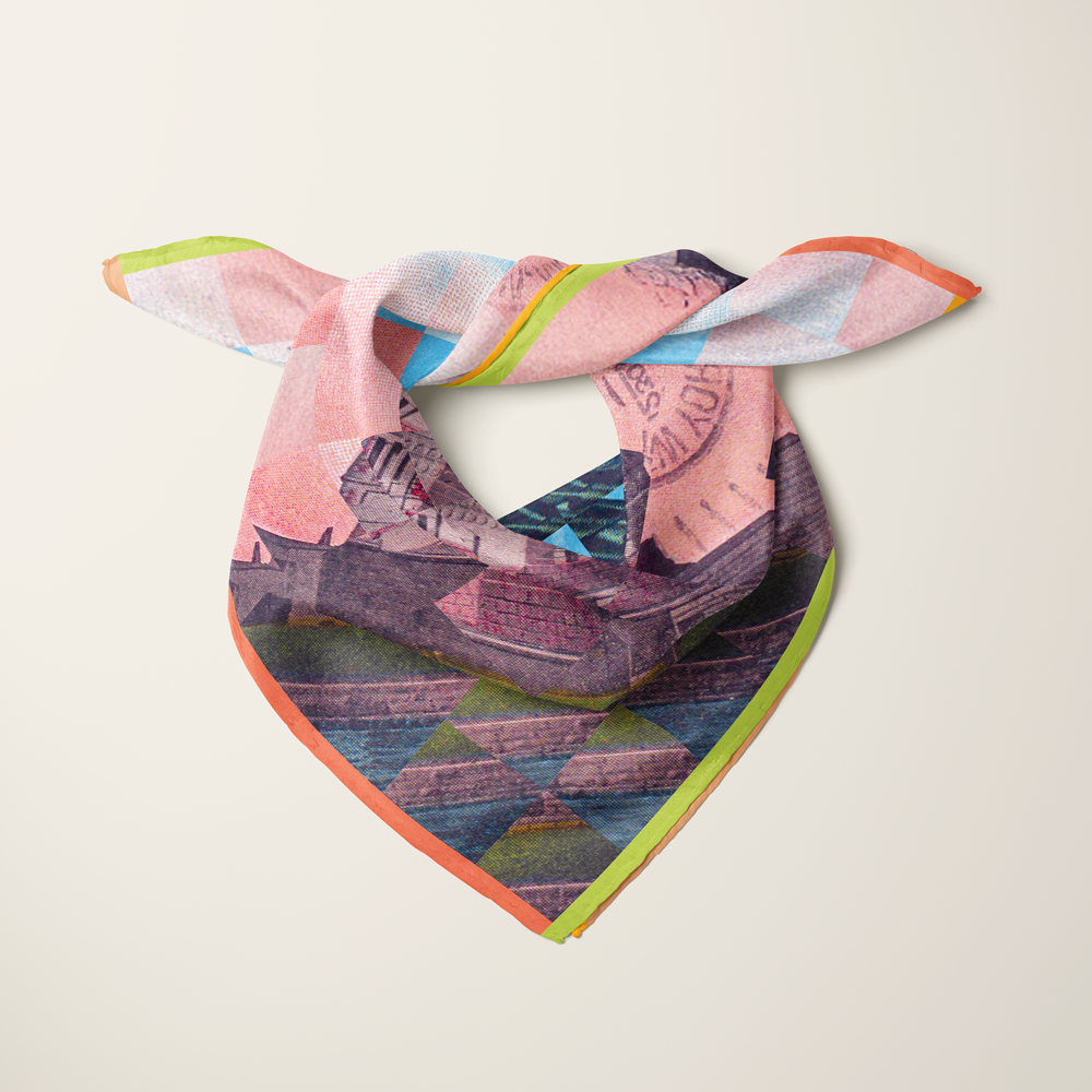 Statue of Liberty, Silhouette silk scarf knotted as a neckerchief — pastel sky checkerboard with the Statue of Liberty in silhouette.—Square Scarf