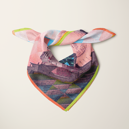Statue of Liberty, Silhouette silk scarf knotted as a neckerchief — pastel sky checkerboard with the Statue of Liberty in silhouette.