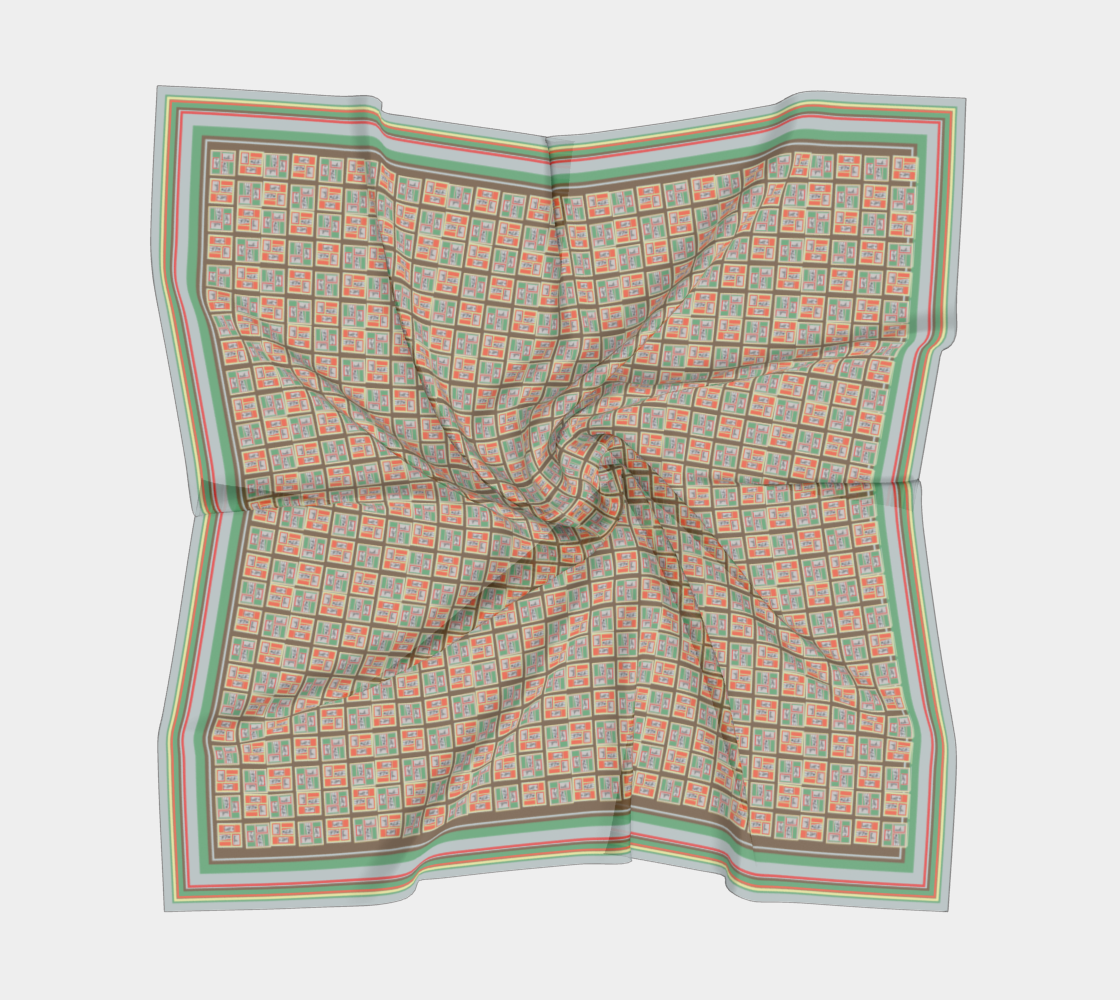 Flat lay of the Beach People 2.0 Vintage Inspired 100% Silk Habotai Scarf by Leeloo + Zohan, illustrating the unique colorful design and luxurious silk texture.