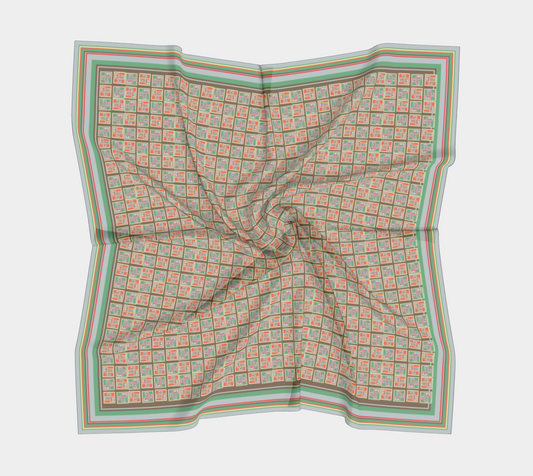 Flat lay of the Beach People 2.0 Vintage Inspired 100% Silk Habotai Scarf by Leeloo + Zohan, illustrating the unique colorful design and luxurious silk texture.