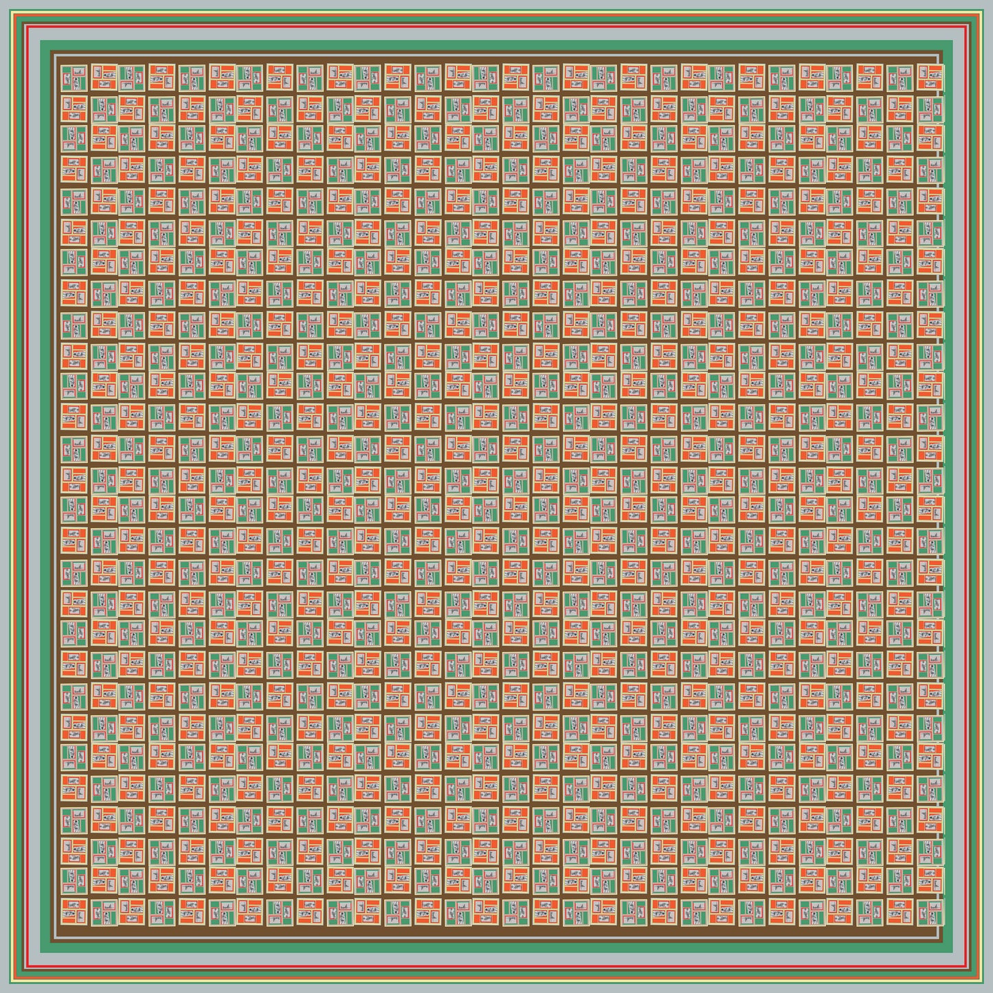 Colorful retro design of Beach People 2.0 Vintage Inspired 100% Silk Habotai Scarf by Leeloo + Zohan, featuring a repeating motif of bathing people framed with multicolored stripes.