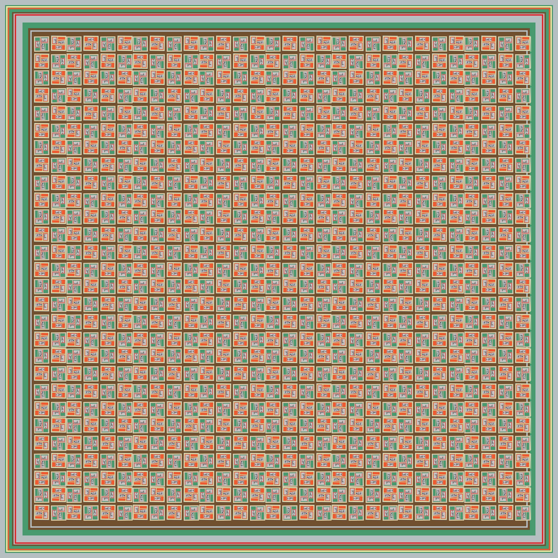 Colorful retro design of Beach People 2.0 Vintage Inspired 100% Silk Habotai Scarf by Leeloo + Zohan, featuring a repeating motif of bathing people framed with multicolored stripes.