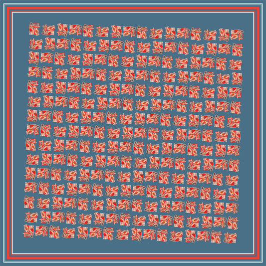 Colorful repeating pattern of red and white figures on a deep blue background, framed by stripes. Handcrafted 100% Silk Habotai Scarf - Vintage Postcard Design by Leeloo + Zohan.
