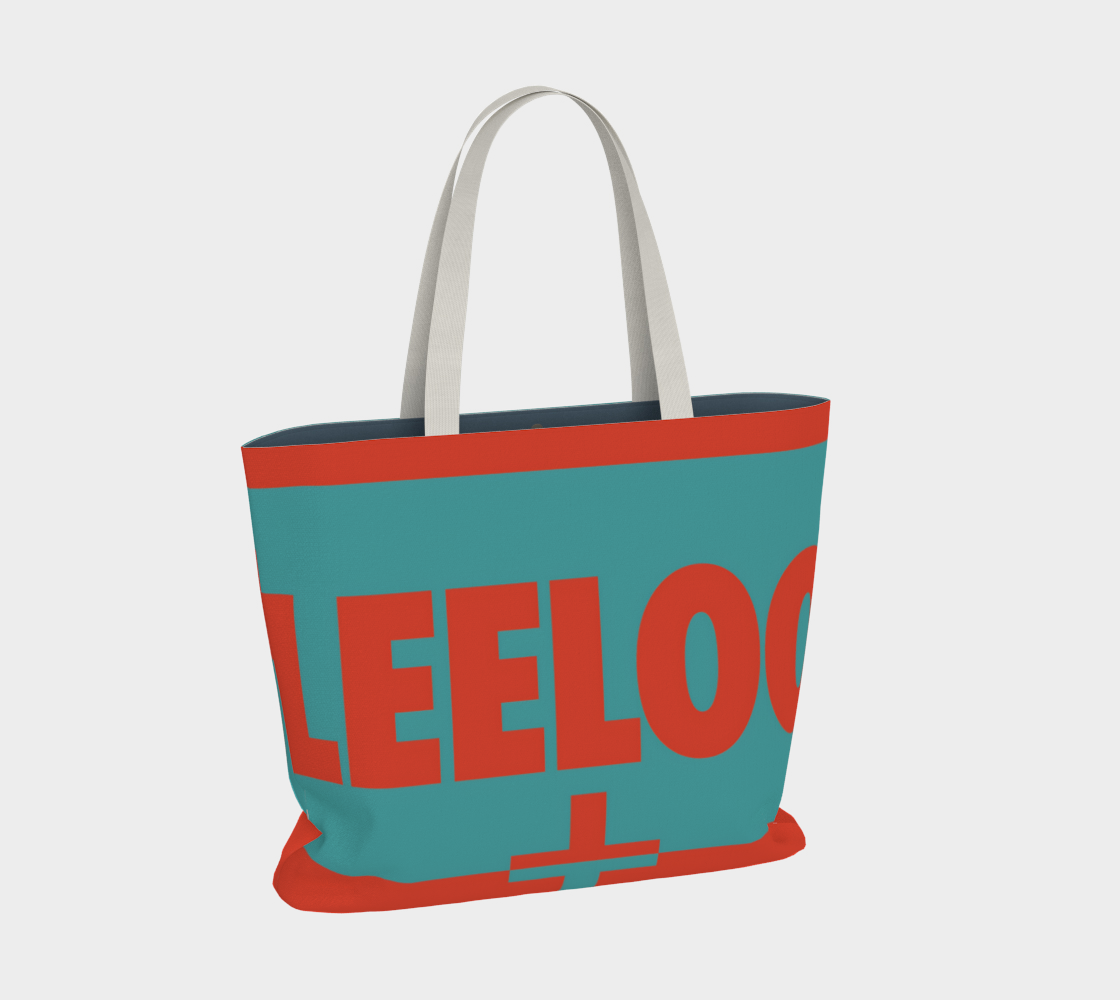 Market Tote with bold LEELOO text in red on teal colorblock design on white background by Leeloo + Zohan—Large Tote Bag