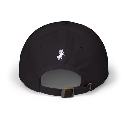 Leeloo + Zohan Classic Dad Cap in black back view with unicorn embroidery and brass buckle closure by Leeloo + Zohan
