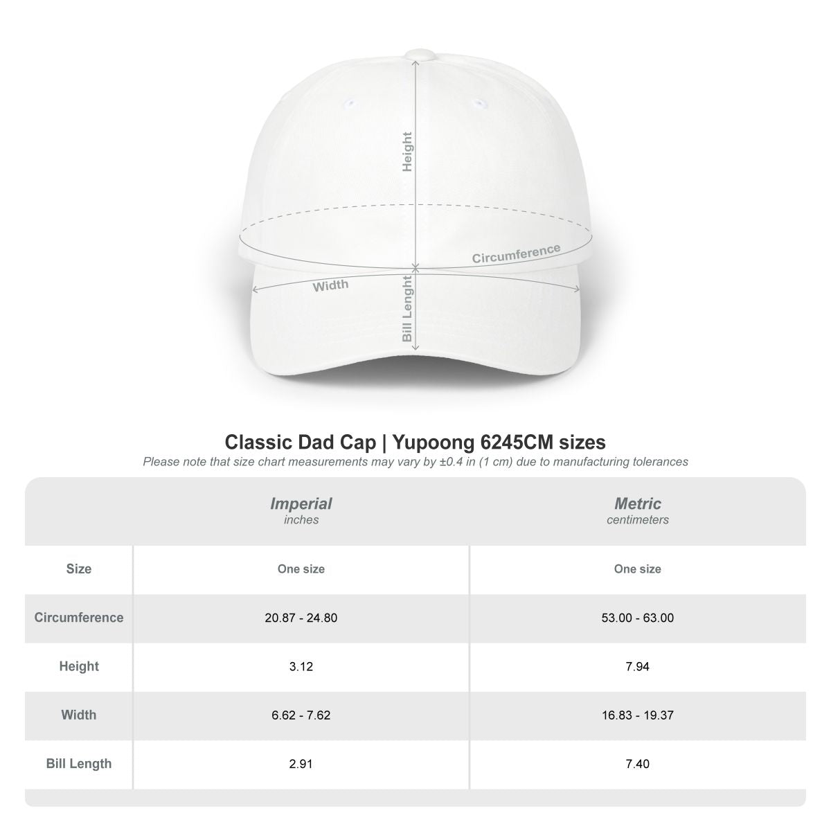 Leeloo + Zohan Classic Dad Cap size chart showing circumference, height, width, and bill length measurements in imperial and metric