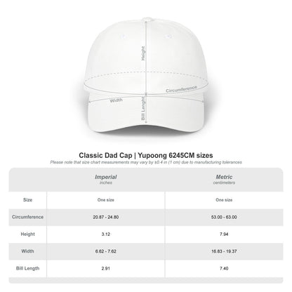 Leeloo + Zohan Classic Dad Cap size chart showing circumference, height, width, and bill length measurements in imperial and metric