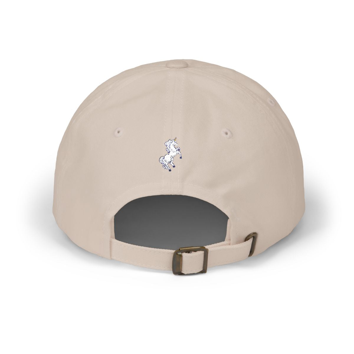 Leeloo + Zohan Classic Dad Cap in khaki back view with unicorn embroidery and brass buckle closure by Leeloo + Zohan