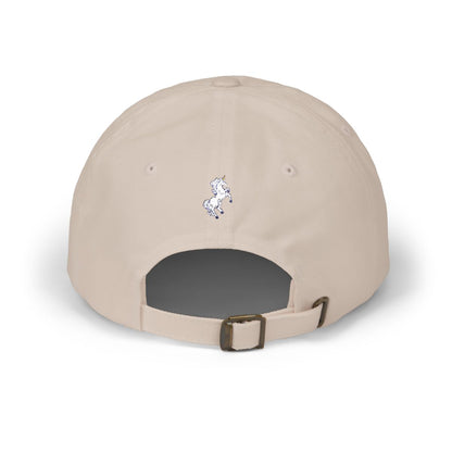 Leeloo + Zohan Classic Dad Cap in khaki back view with unicorn embroidery and brass buckle closure by Leeloo + Zohan