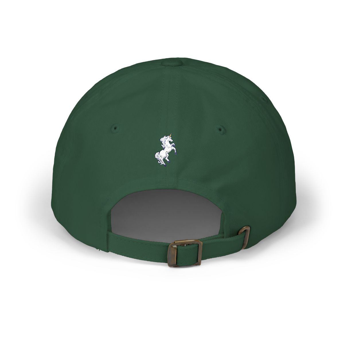 Leeloo + Zohan Classic Dad Cap in forest green back view with unicorn embroidery and brass buckle closure by Leeloo + Zohan