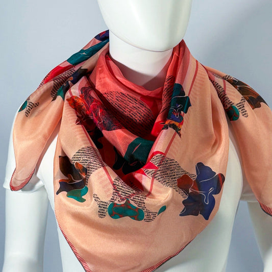 American Folk Art, Blush silk scarf tied at the neck — shown on form.—Square Scarf