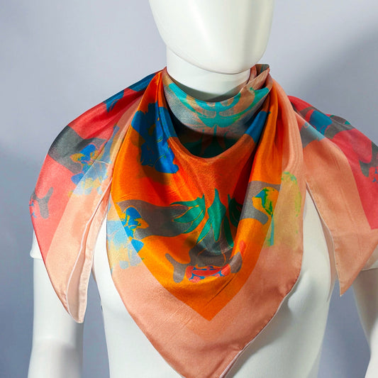 American Folk Art, Marigold silk scarf tied at the neck — shown on form.—Square Scarf