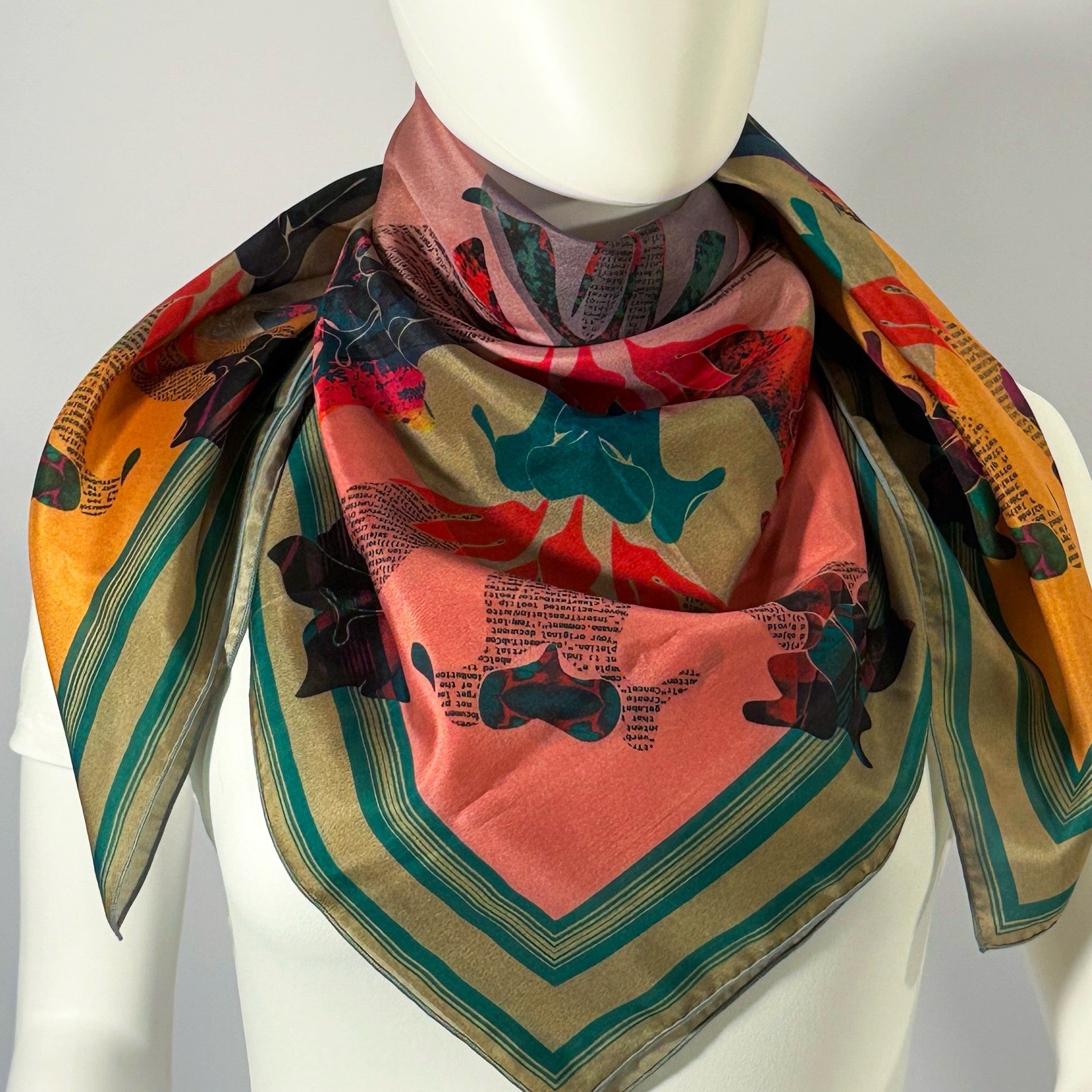 American Folk Art, Patchwork silk scarf tied at the neck — shown on form.—Square Scarf