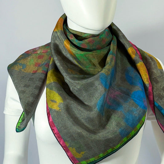Colorado Springs silk scarf tied at the neck — shown on form.—Square Scarf
