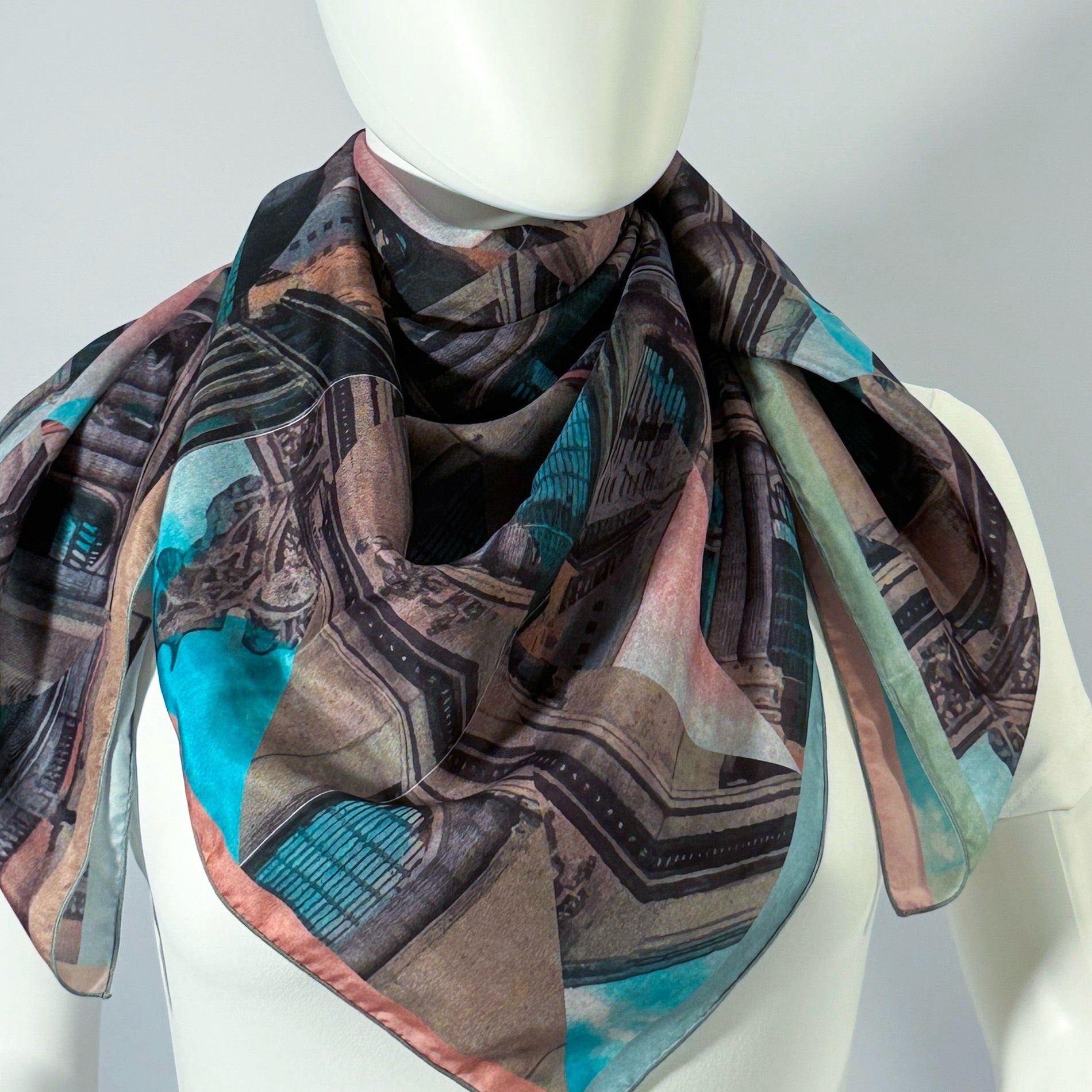 Grand Central Terminal silk scarf tied at the neck — shown on form.—Square Scarf