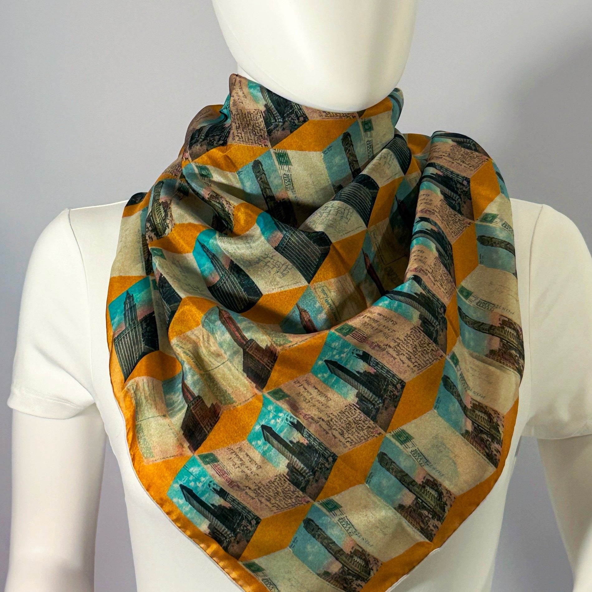 Manhattan Towers, Gold silk scarf tied at the neck — shown on form.—Square Scarf