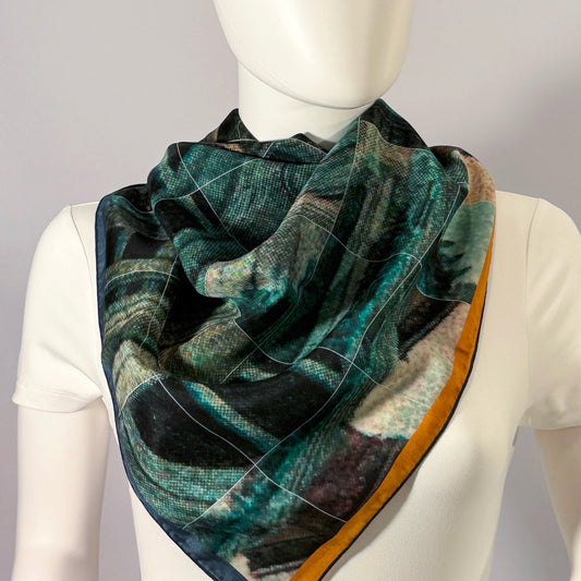 Metropolitan Museum of Art, New York silk scarf tied at the neck — shown on form.—Square Scarf