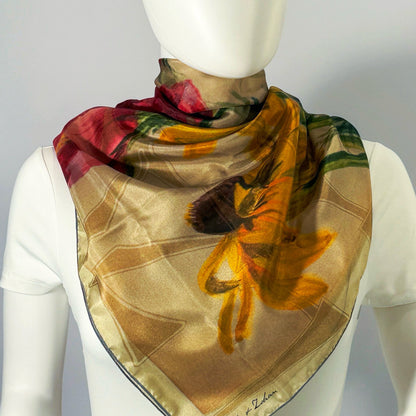On The Plains & Chicago silk scarf tied at the neck — shown on form.