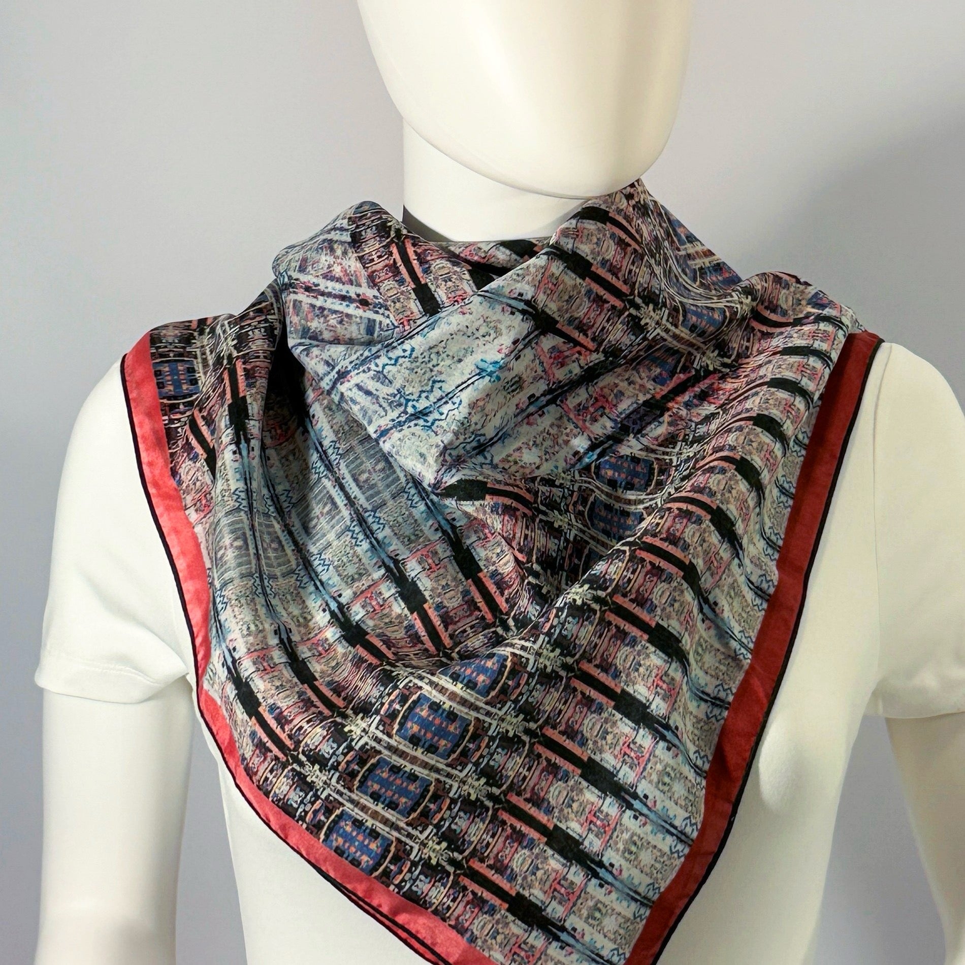 Red Hook, Brooklyn silk scarf tied at the neck — shown on form.—Square Scarf