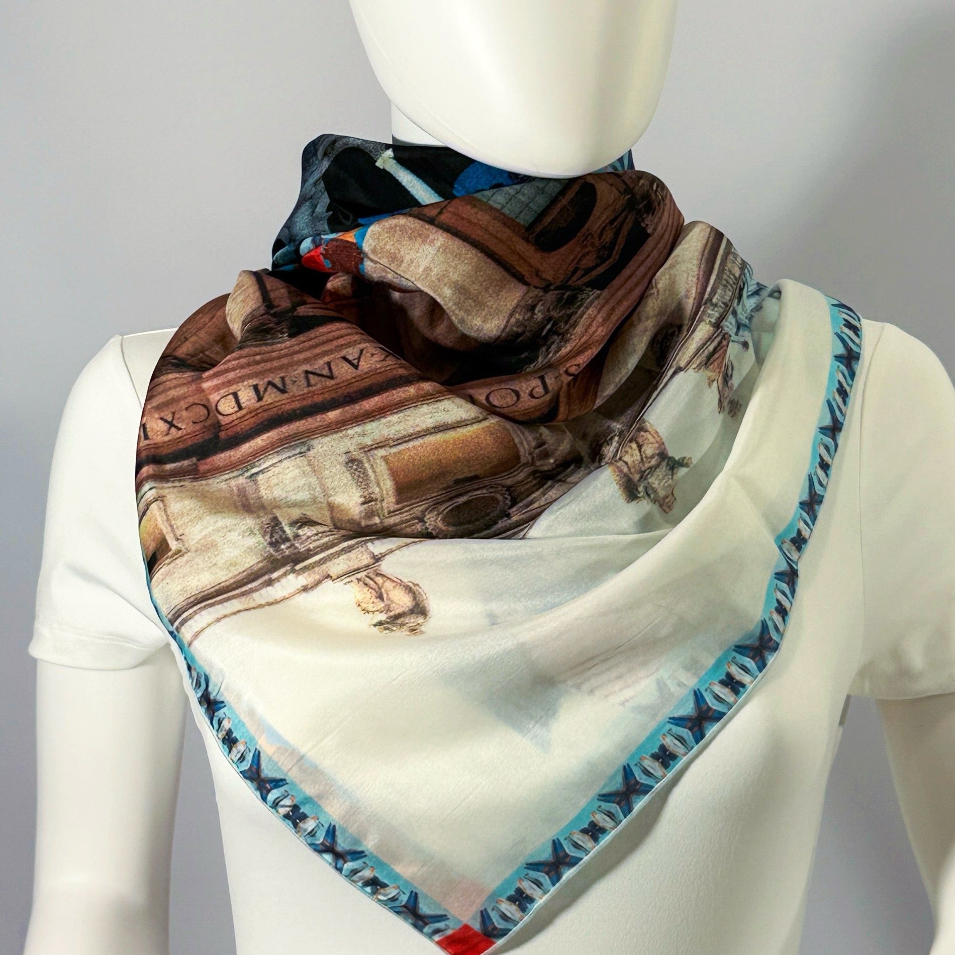 St. Peter's Cottage silk scarf tied at the neck — shown on form.—Square Scarf