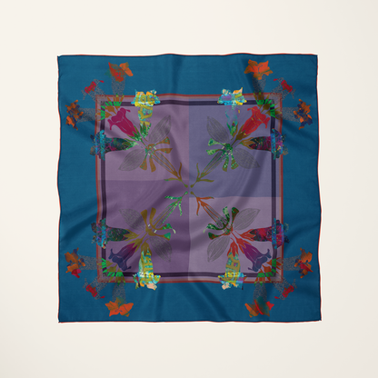 American Folk Art, Indigo silk scarf—heritage floral repeat, flat-lay product shot