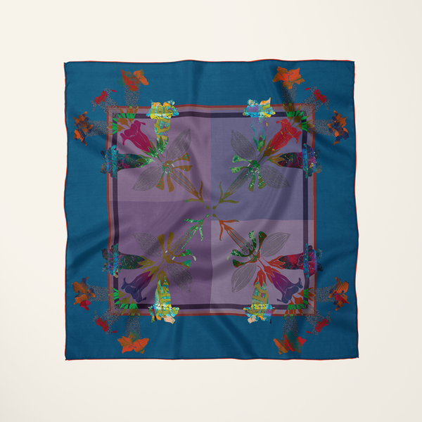 American Folk Art, Indigo silk scarf—heritage floral repeat, flat-lay product shot