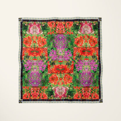 Makena Bloom silk scarf—tropical Maui floral photograph at full bleed, flat-lay product shot