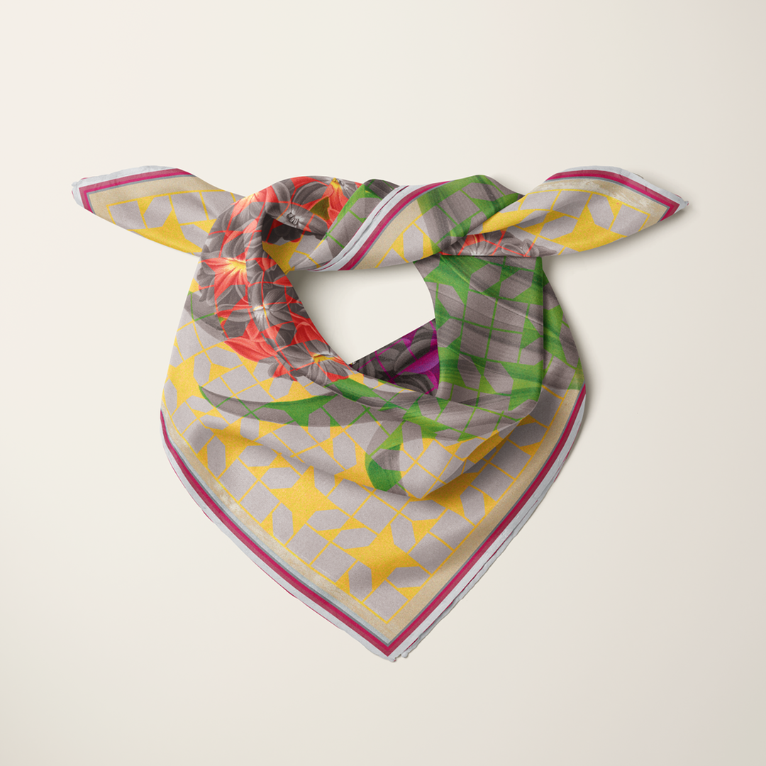 Solfatara + Mimosa silk scarf tied around the shoulders—delicate Italian botanical detail—Square Scarf